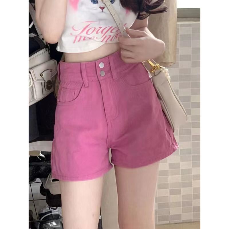 Quần Short Denim Màu Hồng Lưng Cao Dáng Rộng Thời Trang Mùa Hè Mới Cho Nữ