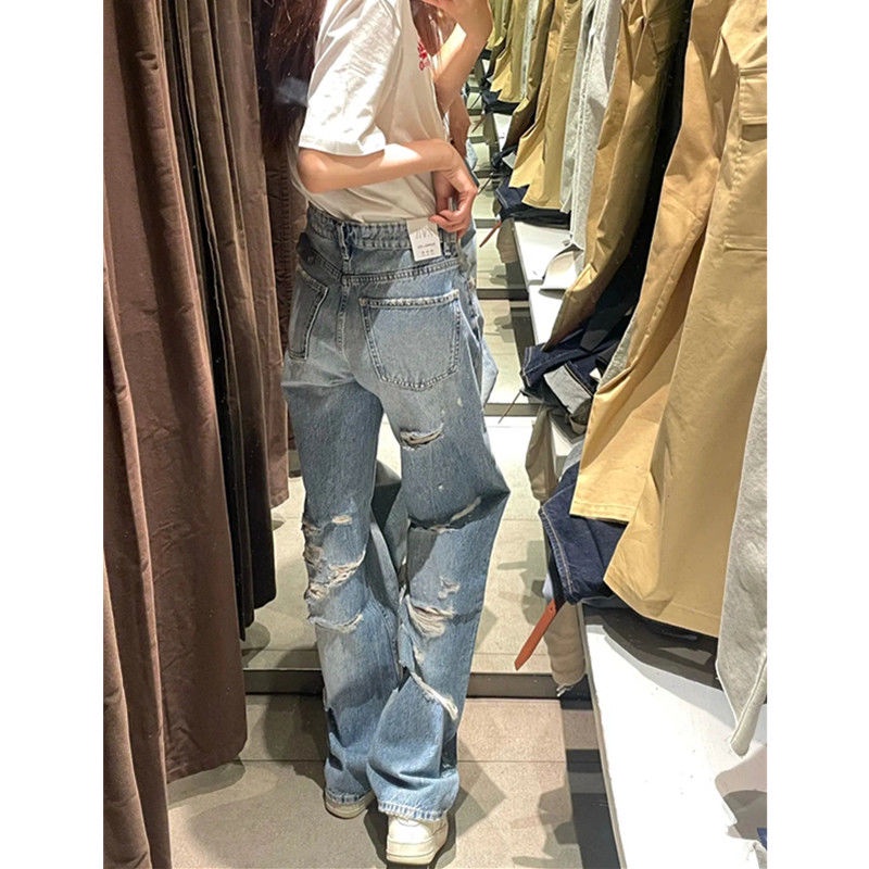 Jiashucheng Quần Jean Rách Lưng Cao Dáng Rộng Dễ Phối Đồ Phong Cách Retro Mỹ Cho Nữ