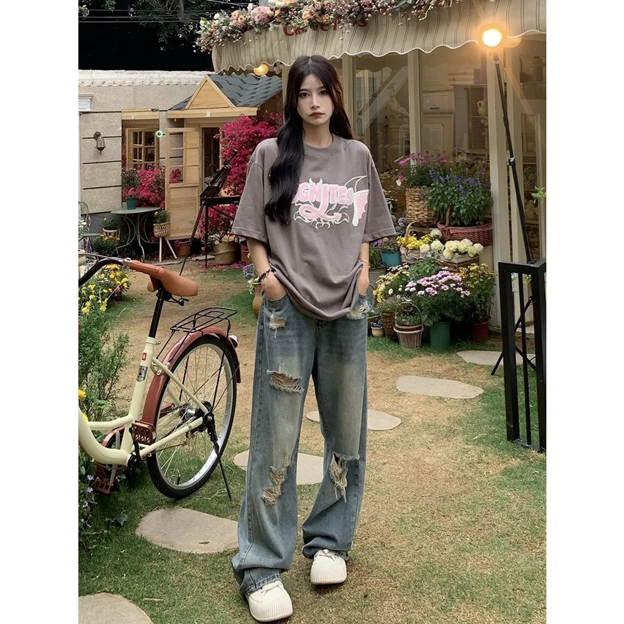 Quần Jean Dài Lưng Cao Ống Rộng Phối Rách Kiểu Retro Mỹ Cá Tính Cho Nữ