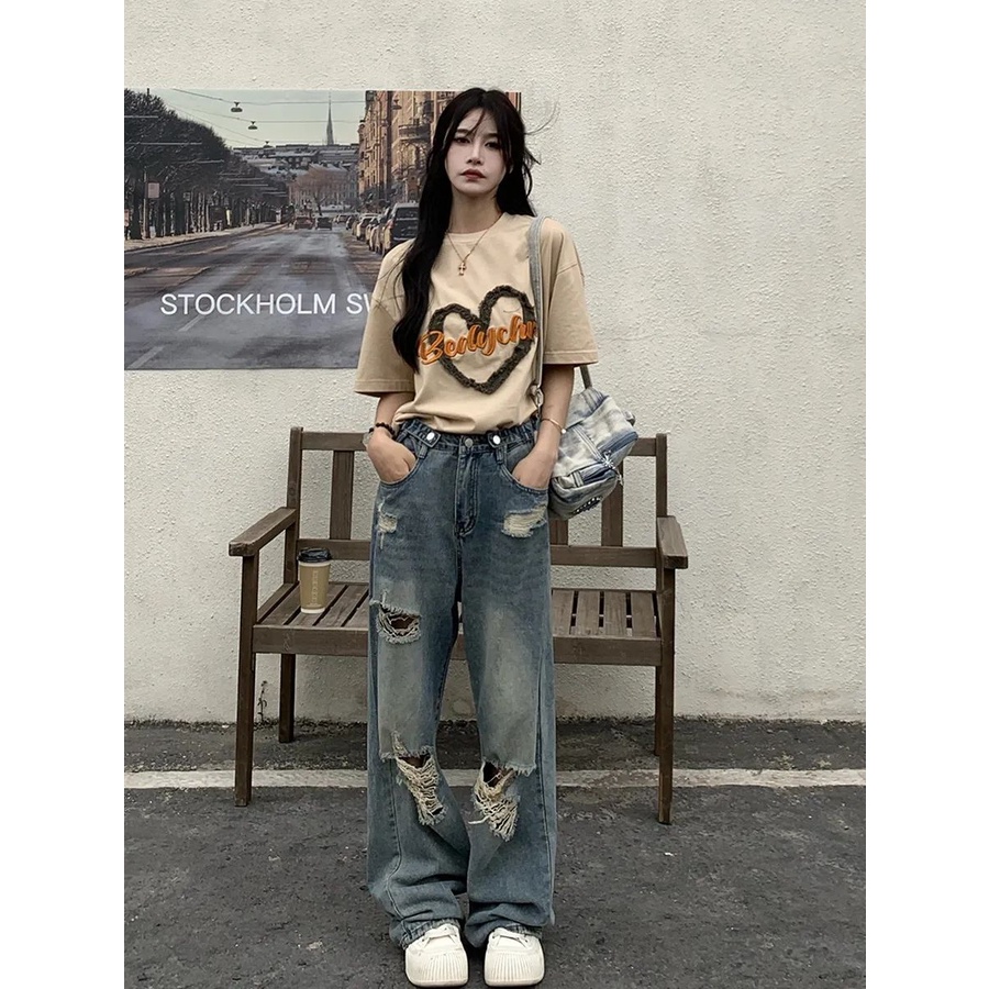 Quần Jean Dài Lưng Cao Ống Rộng Phối Rách Kiểu Retro Mỹ Cá Tính Cho Nữ