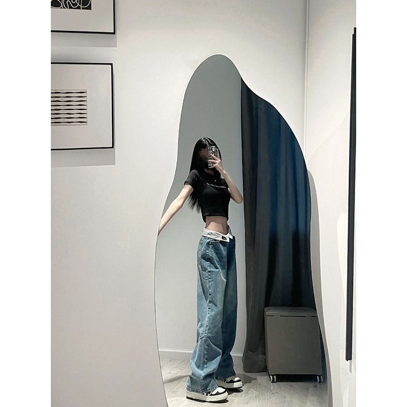 Jiashucheng Quần Jean Ống Rộng Lưng Cao Màu Xanh Dương Dễ Phối Đồ Thời Trang Mùa Hè Phổ Biến