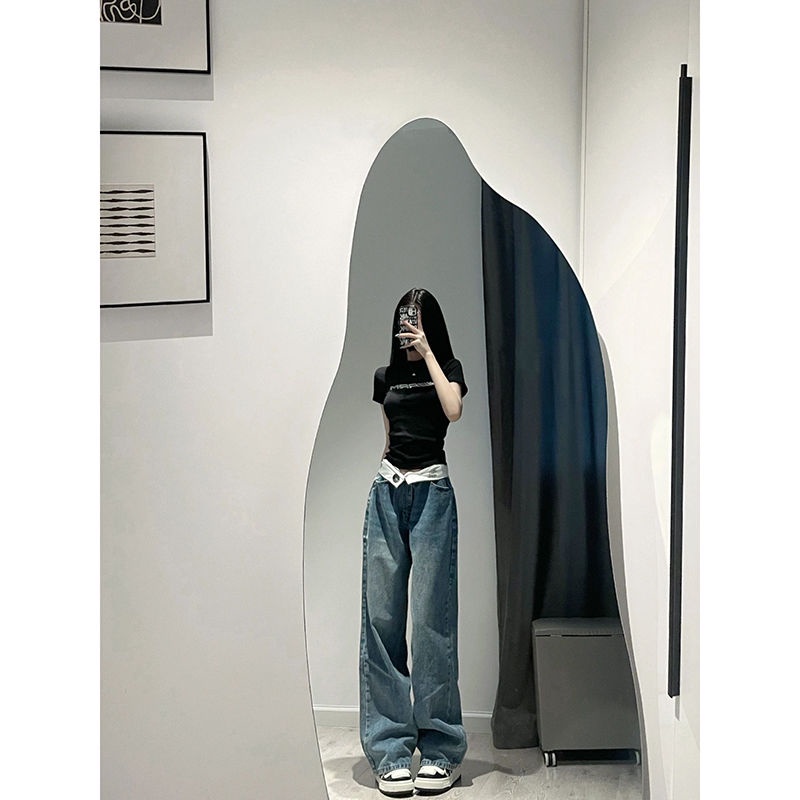 Jiashucheng Quần Jean Ống Rộng Lưng Cao Màu Xanh Dương Dễ Phối Đồ Thời Trang Mùa Hè Phổ Biến