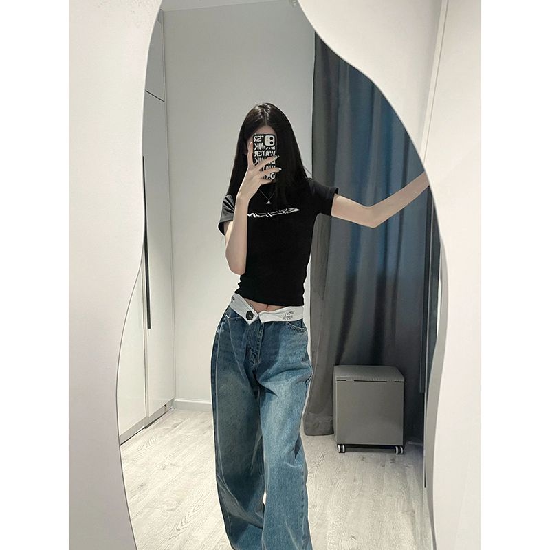 Jiashucheng Quần Jean Ống Rộng Lưng Cao Màu Xanh Dương Dễ Phối Đồ Thời Trang Mùa Hè Phổ Biến