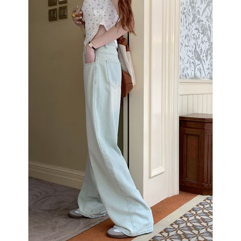 Jiashucheng Quần Jean Ống Rộng Lưng Cao Nhẹ Màu Sáng Phong Cách Mới Mùa Hè Cho Nữ