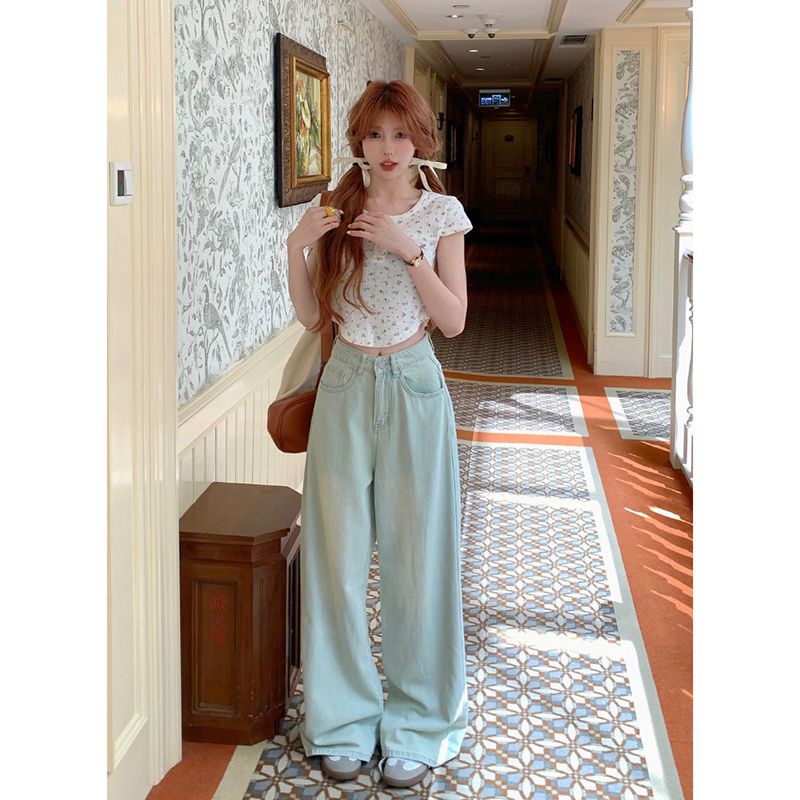 Jiashucheng Quần Jean Ống Rộng Lưng Cao Nhẹ Màu Sáng Phong Cách Mới Mùa Hè Cho Nữ