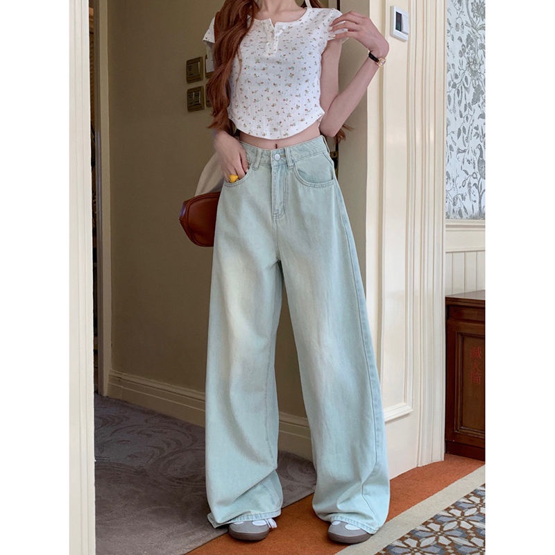 Jiashucheng Quần Jean Ống Rộng Lưng Cao Nhẹ Màu Sáng Phong Cách Mới Mùa Hè Cho Nữ