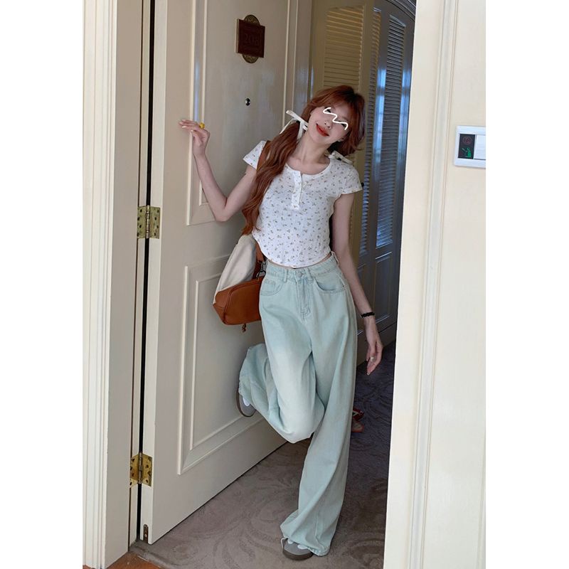 Jiashucheng Quần Jean Ống Rộng Lưng Cao Nhẹ Màu Sáng Phong Cách Mới Mùa Hè Cho Nữ
