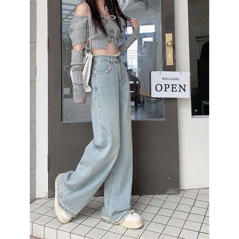 Jiashucheng Quần Jean Dài Lưng Cao Ống Rộng Sờn Màu Xanh Dương Phong Cách Mới Cho Nữ