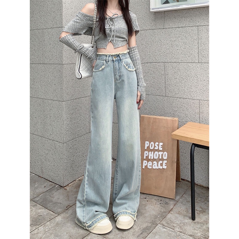 Jiashucheng Quần Jean Dài Lưng Cao Ống Rộng Sờn Màu Xanh Dương Phong Cách Mới Cho Nữ