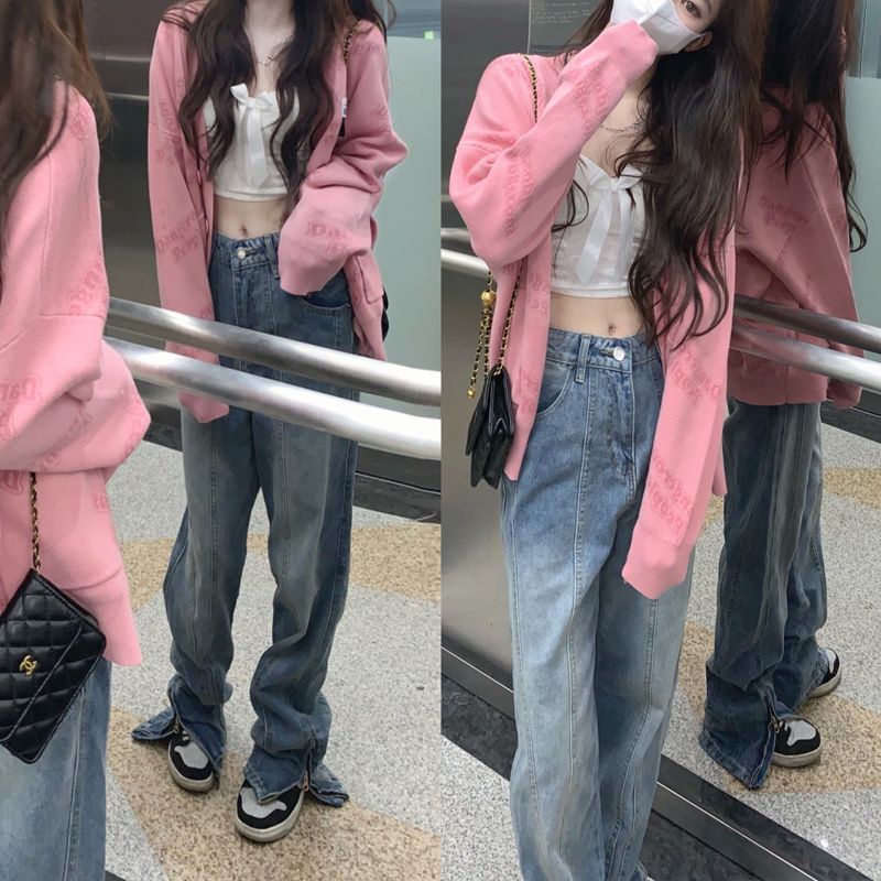 Jiashucheng Quần Jean Dài Dáng Suông Xẻ Tà Phối Khóa Kéo Kiểu Retro Mỹ Thời Trang Mùa Hè Cho Nữ