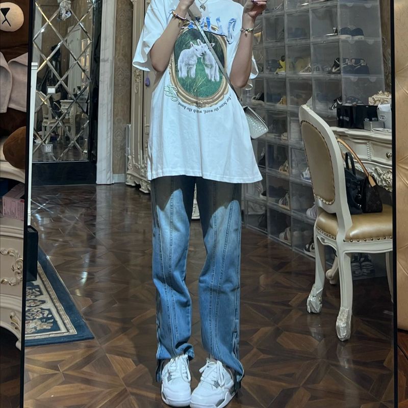 Jiashucheng Quần Jean Dài Dáng Suông Xẻ Tà Phối Khóa Kéo Kiểu Retro Mỹ Thời Trang Mùa Hè Cho Nữ