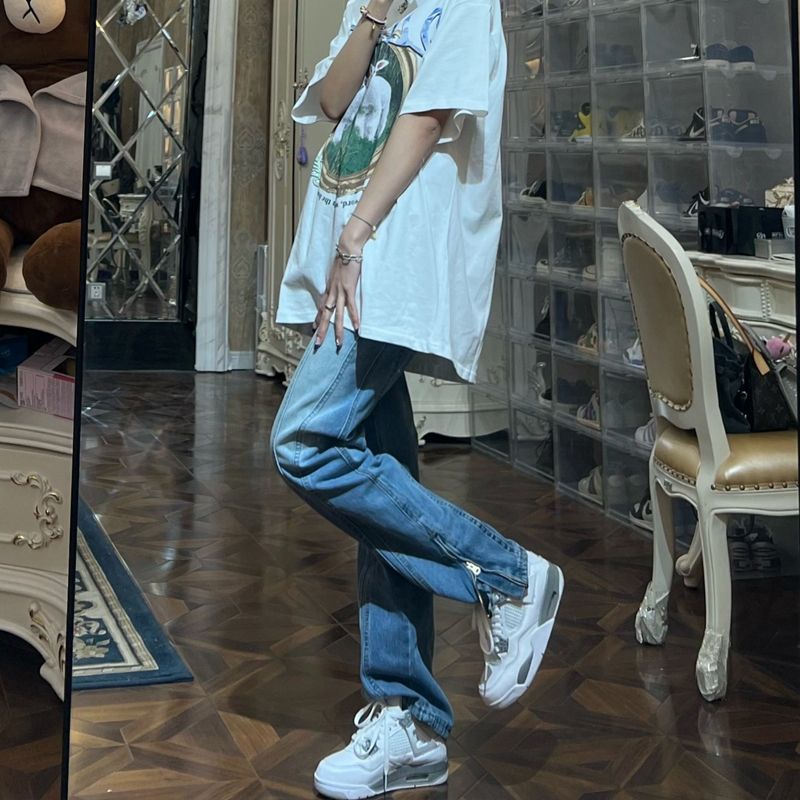 Jiashucheng Quần Jean Dài Dáng Suông Xẻ Tà Phối Khóa Kéo Kiểu Retro Mỹ Thời Trang Mùa Hè Cho Nữ