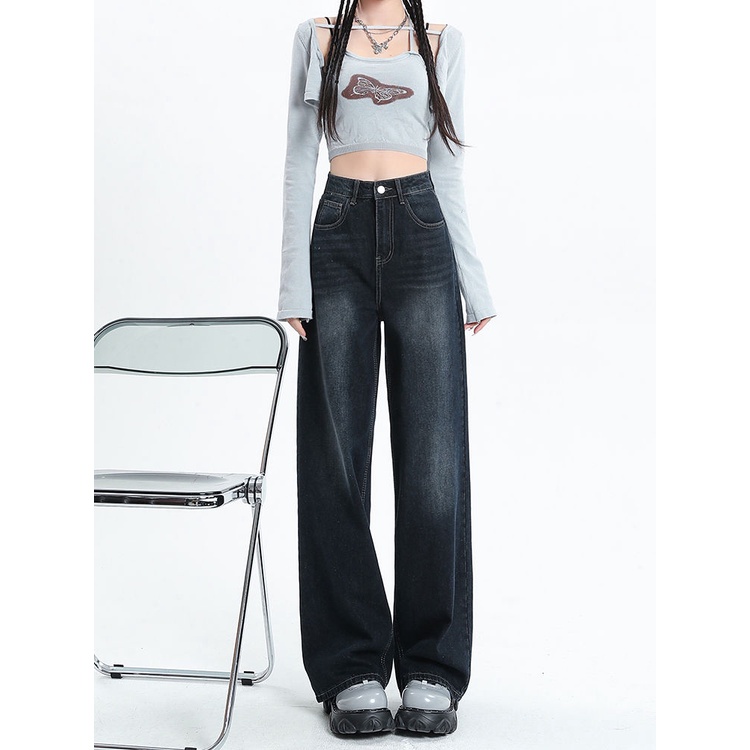 Jiashucheng Quần Jean Ống Rộng Màu Xanh Dương Đậm Phong Cách Mới Xuân Thu Cho Nữ