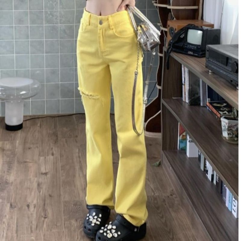 Jiashucheng Quần Jean Rách Lưng Cao Dáng Rộng Màu Vàng Thời Trang Mùa Hè Mới