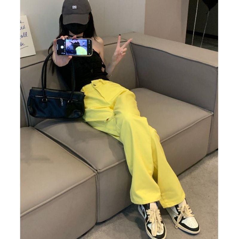 Jiashucheng Quần Jean Rách Lưng Cao Dáng Rộng Màu Vàng Thời Trang Mùa Hè Mới