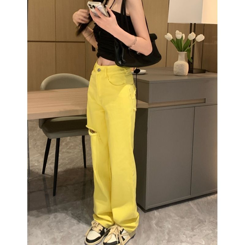 Jiashucheng Quần Jean Rách Lưng Cao Dáng Rộng Màu Vàng Thời Trang Mùa Hè Mới