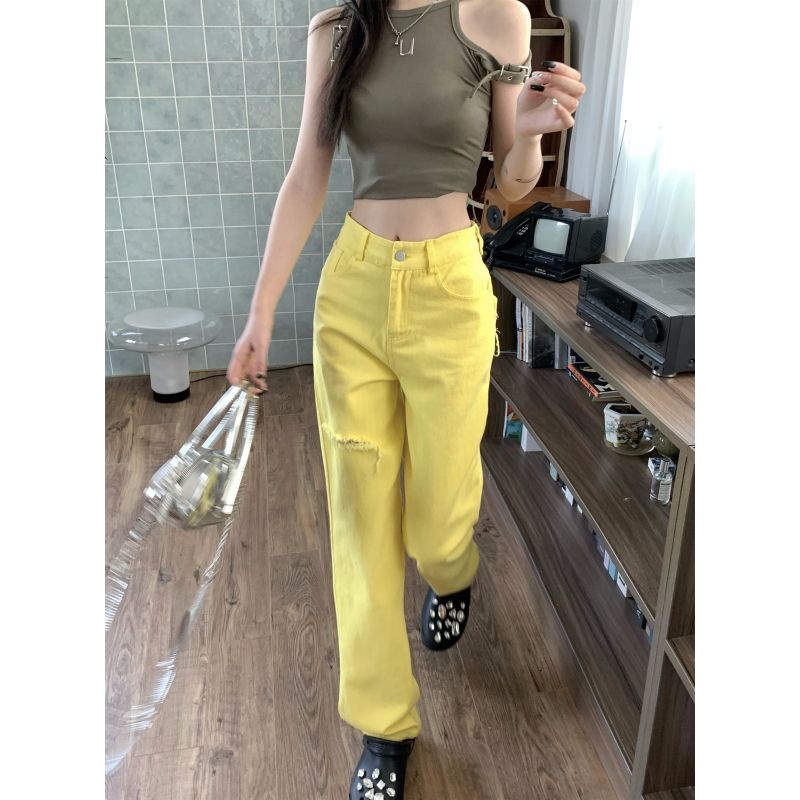 Jiashucheng Quần Jean Rách Lưng Cao Dáng Rộng Màu Vàng Thời Trang Mùa Hè Mới