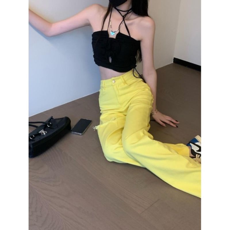 Jiashucheng Quần Jean Rách Lưng Cao Dáng Rộng Màu Vàng Thời Trang Mùa Hè Mới