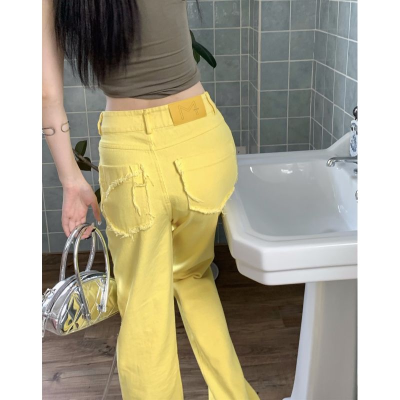 Jiashucheng Quần Jean Rách Lưng Cao Dáng Rộng Màu Vàng Thời Trang Mùa Hè Mới