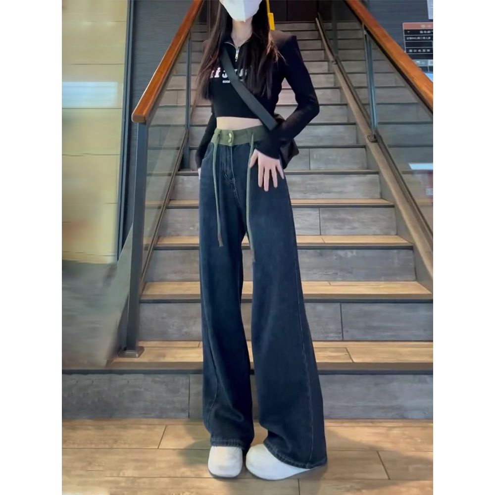 Quần Jean Nữ Ống Rộng Lưng Cao Phong Cách Mỹ Cổ Điển Thời Trang Xuân Thu Mới