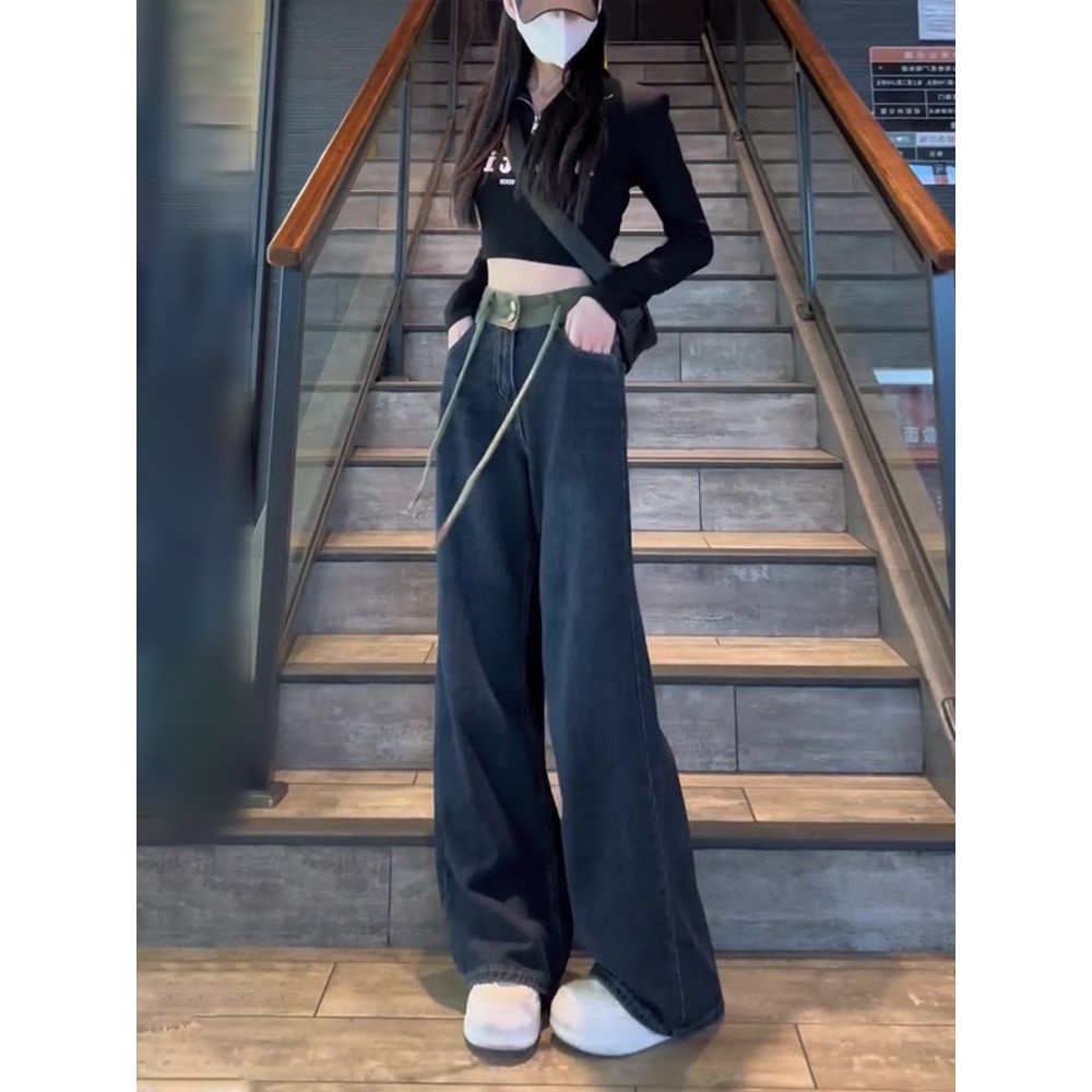 Quần Jean Nữ Ống Rộng Lưng Cao Phong Cách Mỹ Cổ Điển Thời Trang Xuân Thu Mới