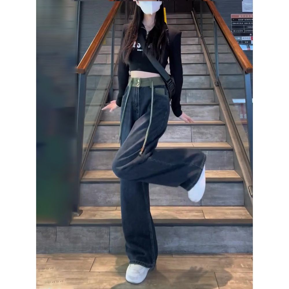 Quần Jean Nữ Ống Rộng Lưng Cao Phong Cách Mỹ Cổ Điển Thời Trang Xuân Thu Mới