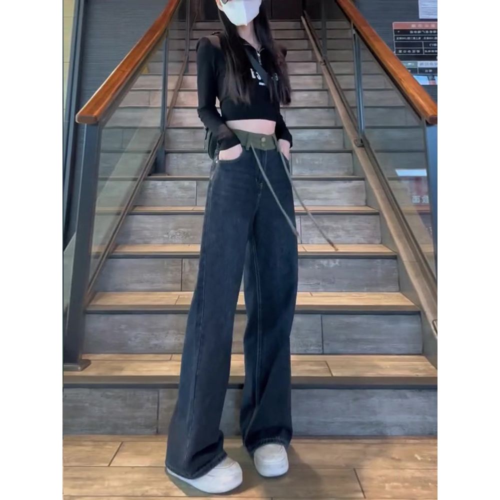 Quần Jean Nữ Ống Rộng Lưng Cao Phong Cách Mỹ Cổ Điển Thời Trang Xuân Thu Mới