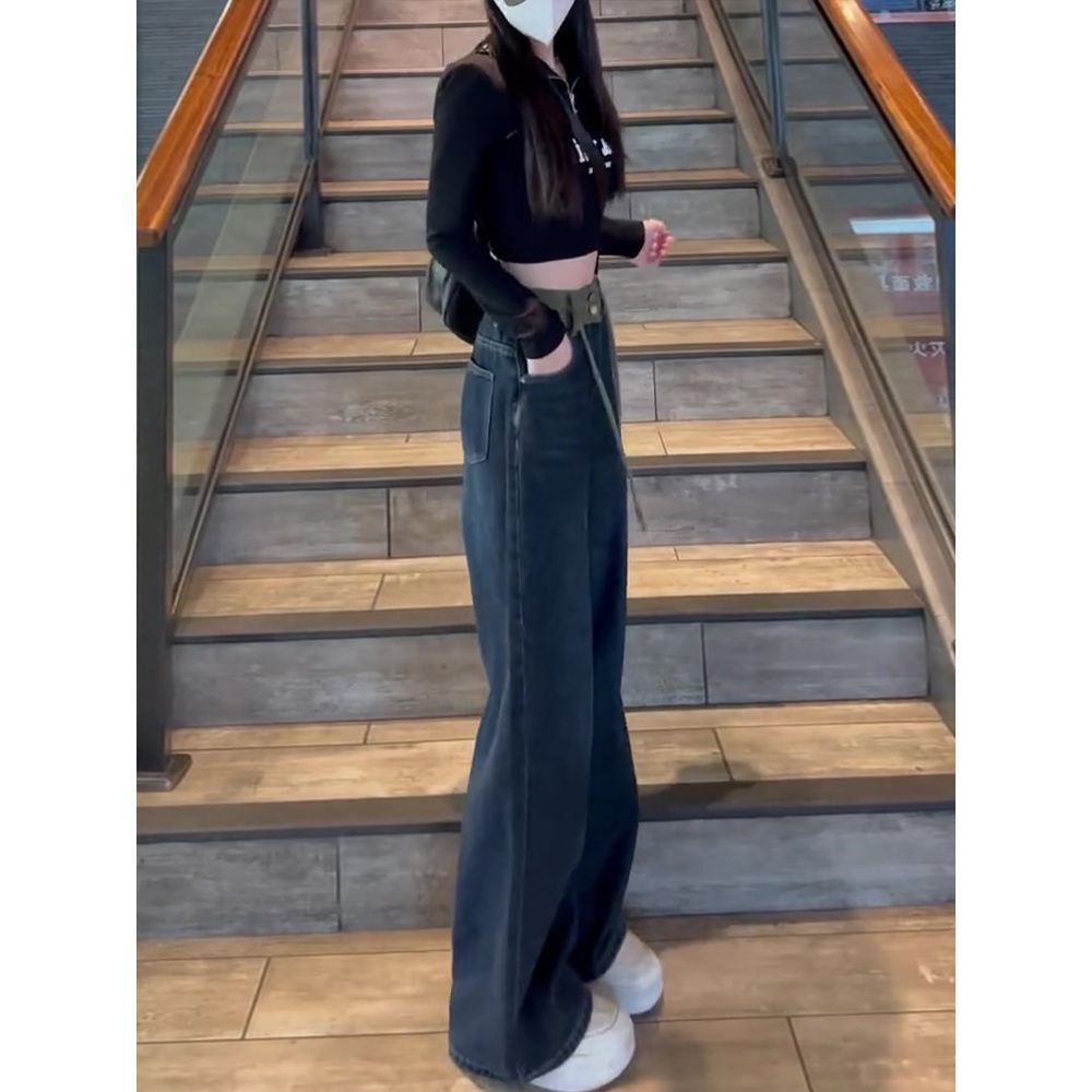 Quần Jean Nữ Ống Rộng Lưng Cao Phong Cách Mỹ Cổ Điển Thời Trang Xuân Thu Mới