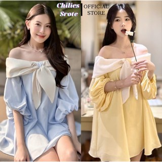 Váy Trễ Vai Tay Bồng Babydoll Thắt Nơ Kẻ Sọc 2 Lớp Có Chun Váy Kiểu Thiết Kế ALMA DRESS