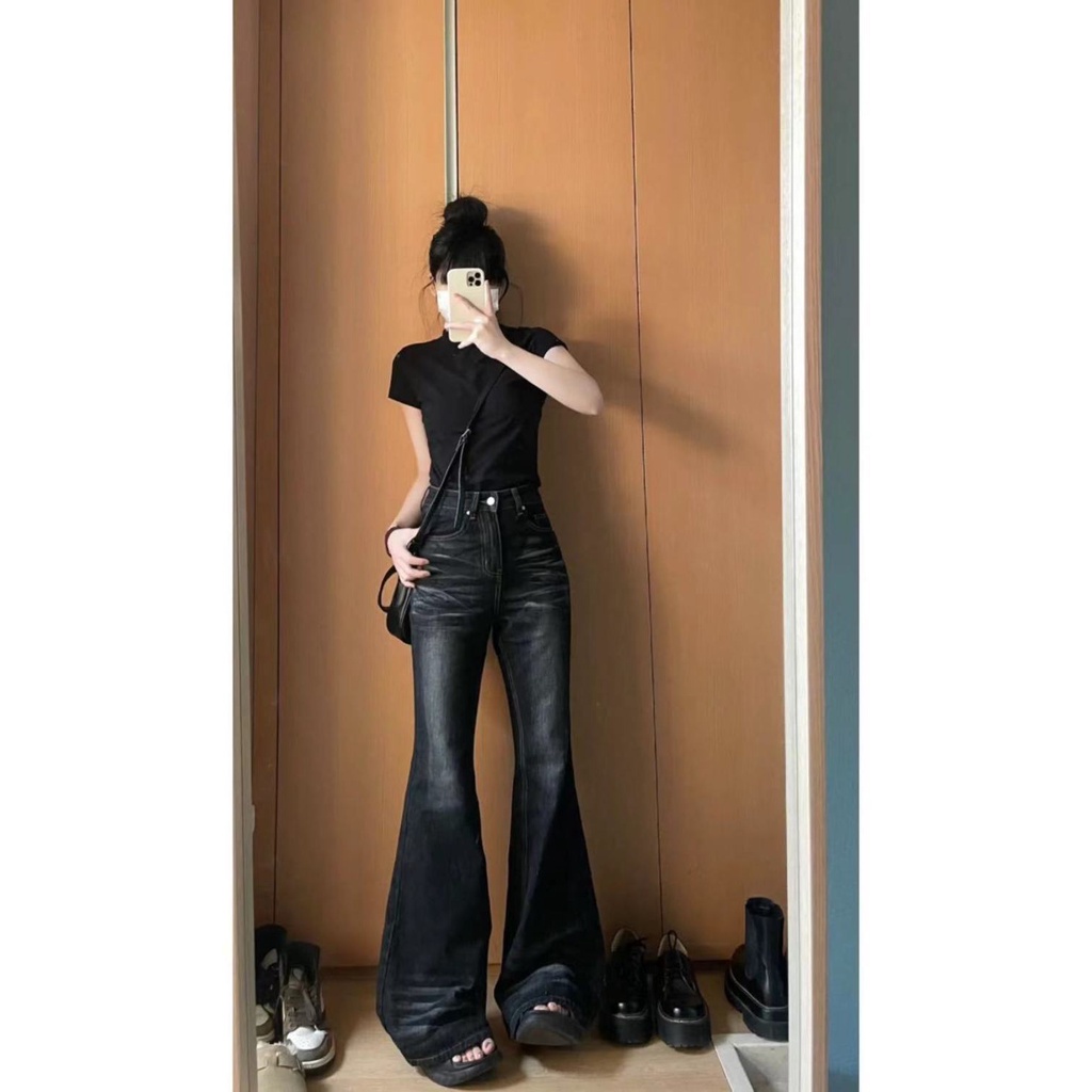 Jiashucheng Quần Jean Dài Lưng Cao Ống Rộng Màu Đen Phong Cách Đường Phố Mỹ Cá Tính Dễ Phối Đồ Cho Nữ