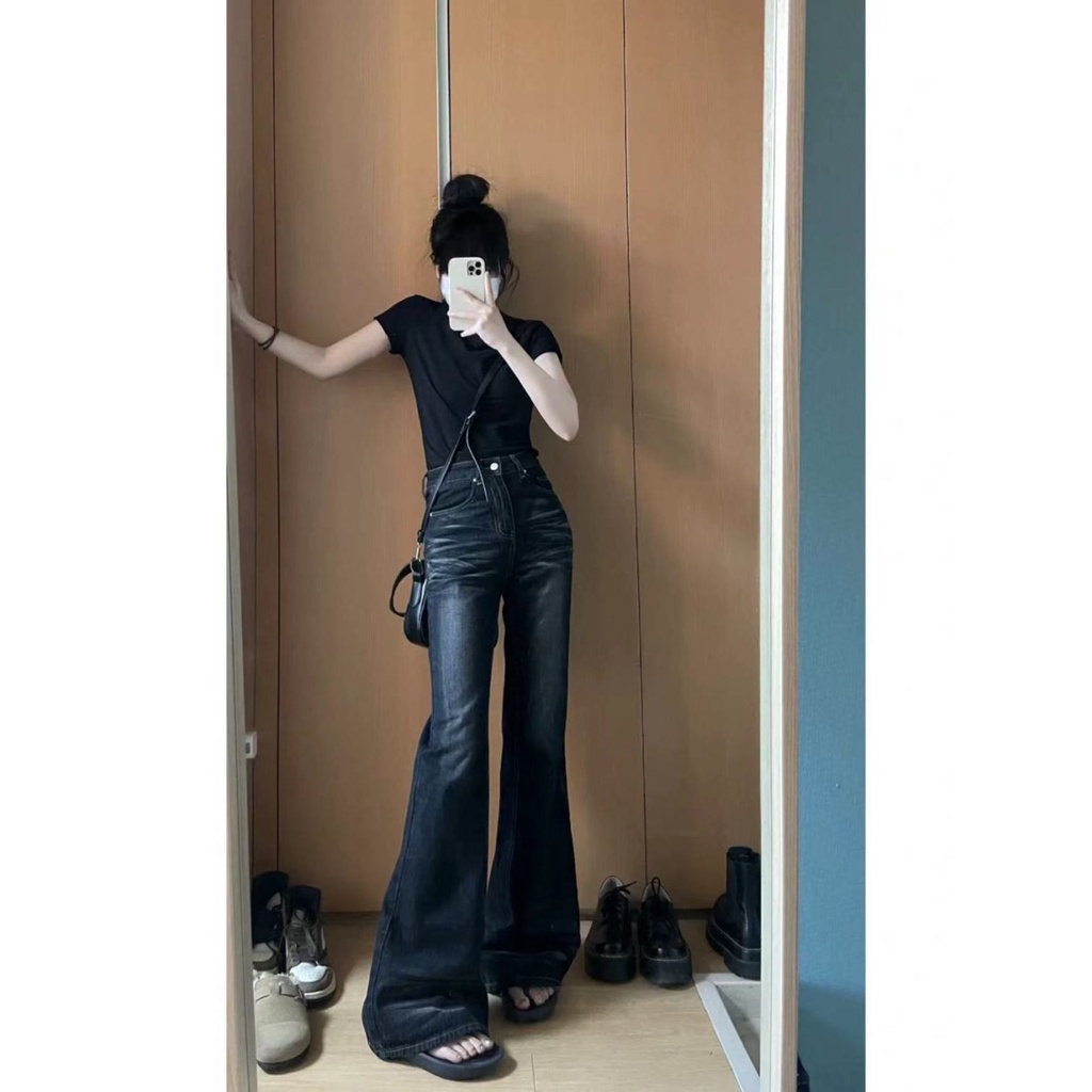 Jiashucheng Quần Jean Dài Lưng Cao Ống Rộng Màu Đen Phong Cách Đường Phố Mỹ Cá Tính Dễ Phối Đồ Cho Nữ