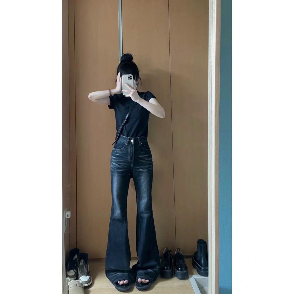 Jiashucheng Quần Jean Dài Lưng Cao Ống Rộng Màu Đen Phong Cách Đường Phố Mỹ Cá Tính Dễ Phối Đồ Cho Nữ