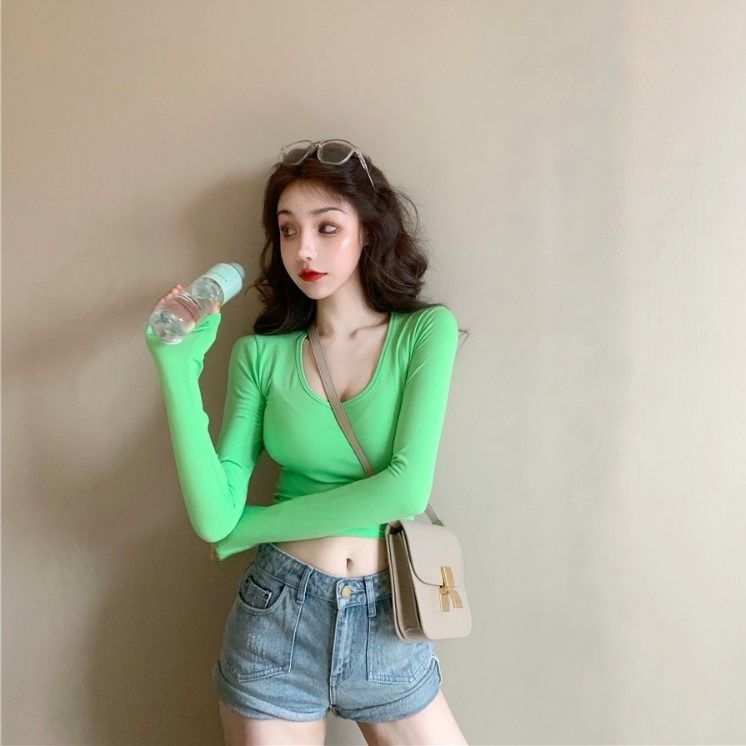 Jiashucheng Áo Thun Tay Dài Dáng Ôm Ngắn Thời Trang Xuân Thu Kiểu Mới