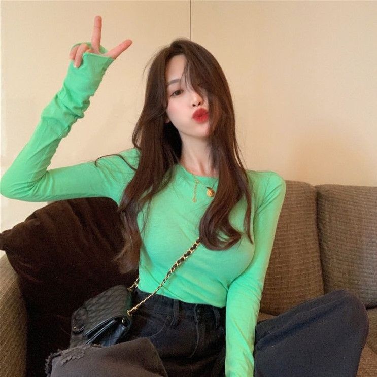 Jiashucheng Áo Thun Tay Dài Dáng Ôm Màu Kẹo Phong Cách Hàn Quốc Dễ Phối Đồ