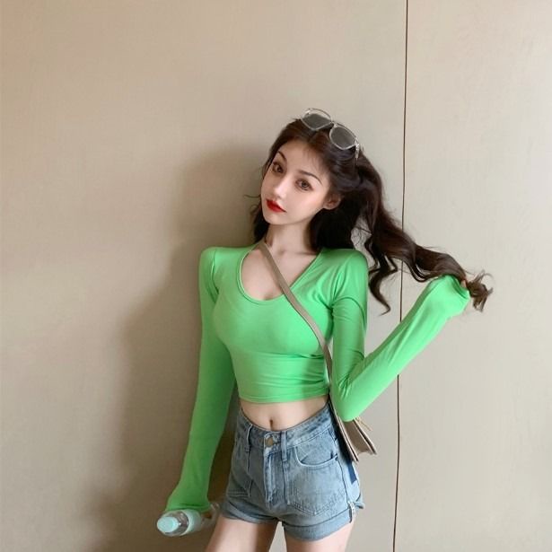 Jiashucheng Áo Thun Tay Dài Dáng Ôm Ngắn Thời Trang Xuân Thu Kiểu Mới