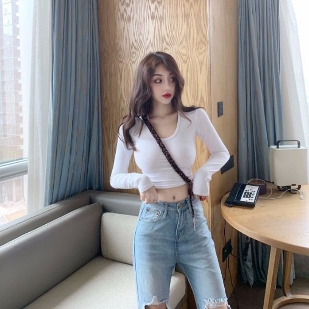 Jiashucheng Áo Thun Tay Dài Dáng Ôm Ngắn Thời Trang Xuân Thu Kiểu Mới