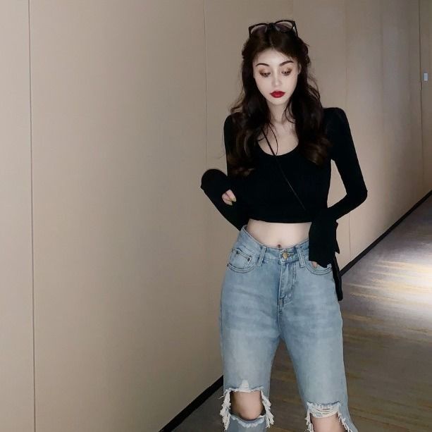 Áo Thun Tay Dài Dáng Ôm In Chữ Phối Rách Thời Trang Xuân Thu Mới