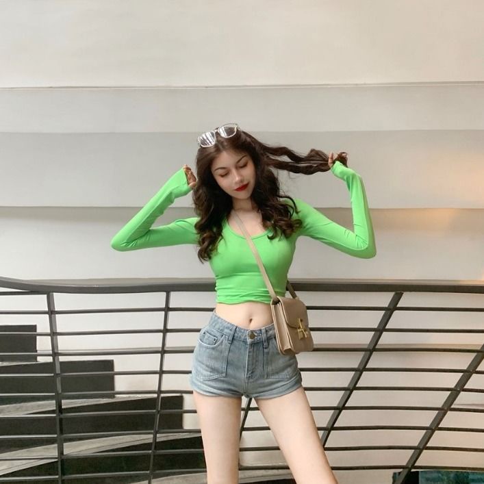 Jiashucheng Áo Thun Tay Dài Dáng Ôm Ngắn Thời Trang Xuân Thu Kiểu Mới