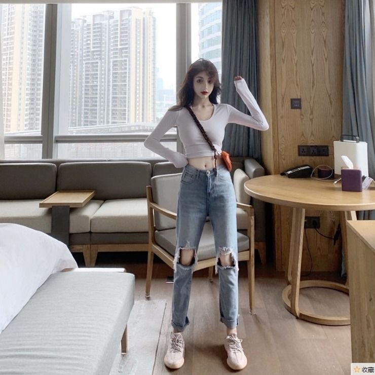 Jiashucheng Áo Thun Tay Dài Dáng Ôm Ngắn Thời Trang Xuân Thu Kiểu Mới