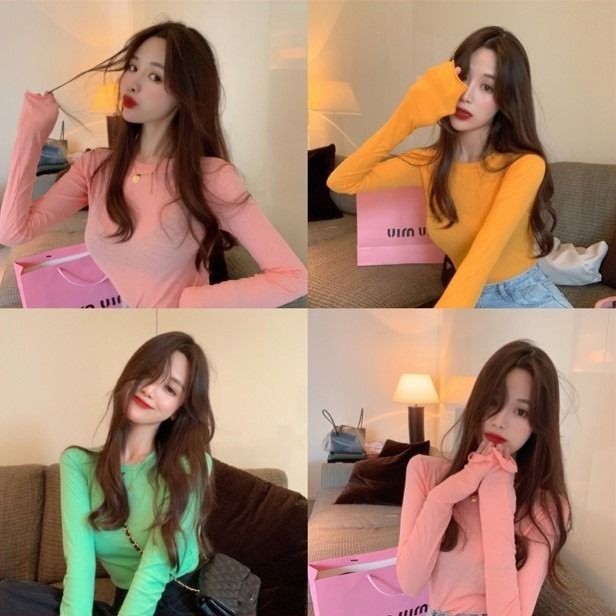 Jiashucheng Áo Thun Tay Dài Dáng Ôm Màu Kẹo Phong Cách Hàn Quốc Dễ Phối Đồ