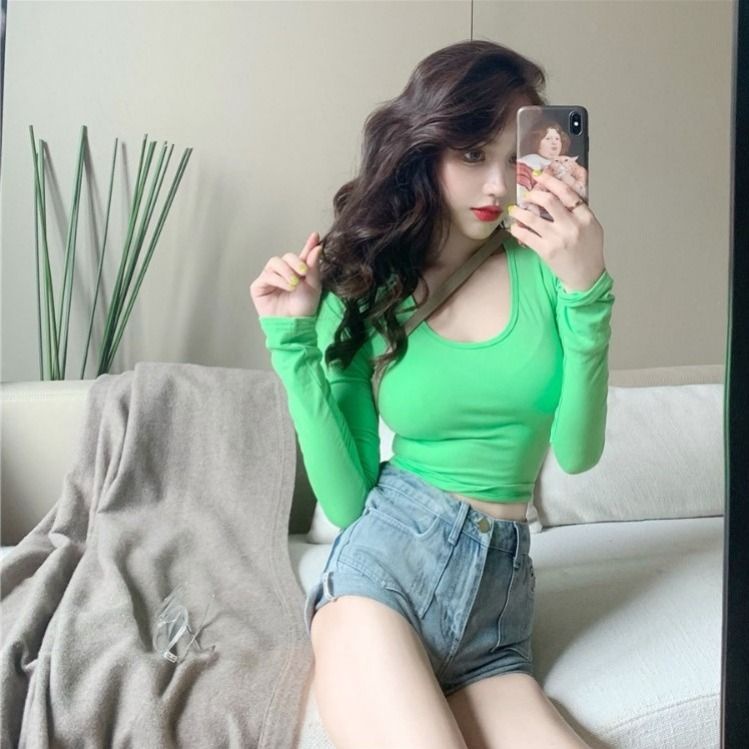 Jiashucheng Áo Thun Tay Dài Dáng Ôm Ngắn Thời Trang Xuân Thu Kiểu Mới