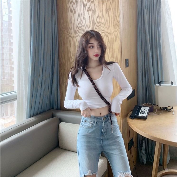 Jiashucheng Áo Thun Tay Dài Dáng Ôm Ngắn Thời Trang Xuân Thu Kiểu Mới