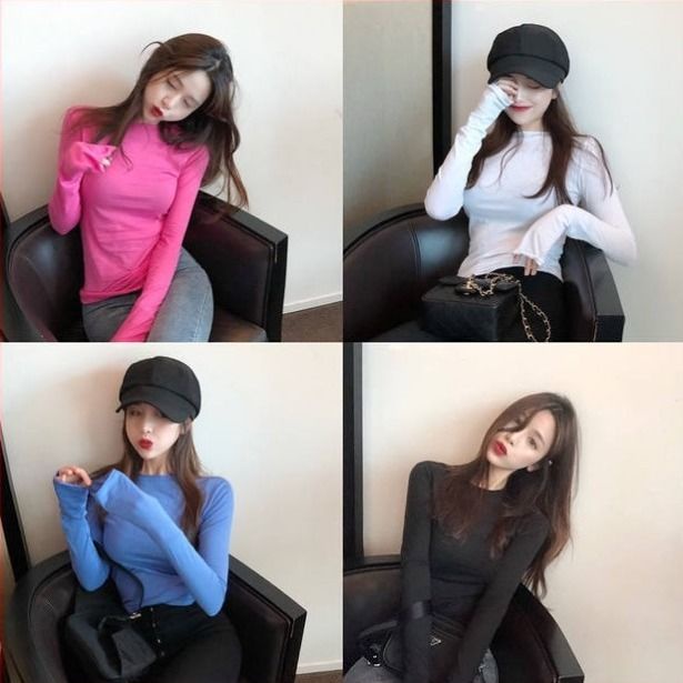 Jiashucheng Áo Thun Tay Dài Dáng Ôm Màu Kẹo Phong Cách Hàn Quốc Dễ Phối Đồ