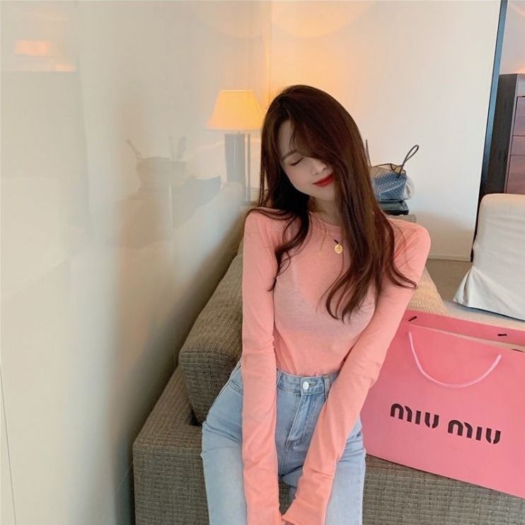 Jiashucheng Áo Thun Tay Dài Dáng Ôm Màu Kẹo Phong Cách Hàn Quốc Dễ Phối Đồ