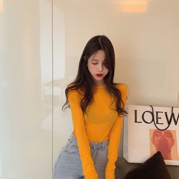 Jiashucheng Áo Thun Tay Dài Dáng Ôm Màu Kẹo Phong Cách Hàn Quốc Dễ Phối Đồ