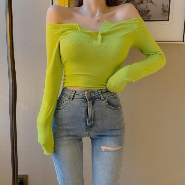 Áo Thun Tay Dài Hở Vai Dáng Ngắn Phong Cách Thời Trang Xuân Thu Mới