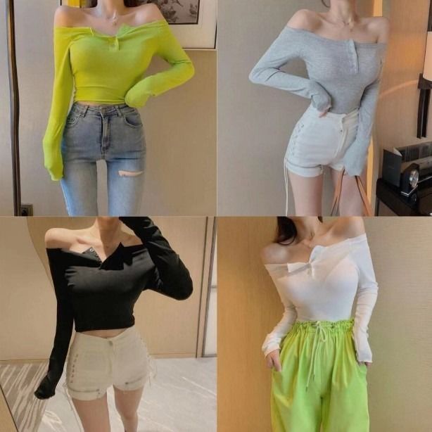 Áo Thun Tay Dài Hở Vai Dáng Ngắn Phong Cách Thời Trang Xuân Thu Mới