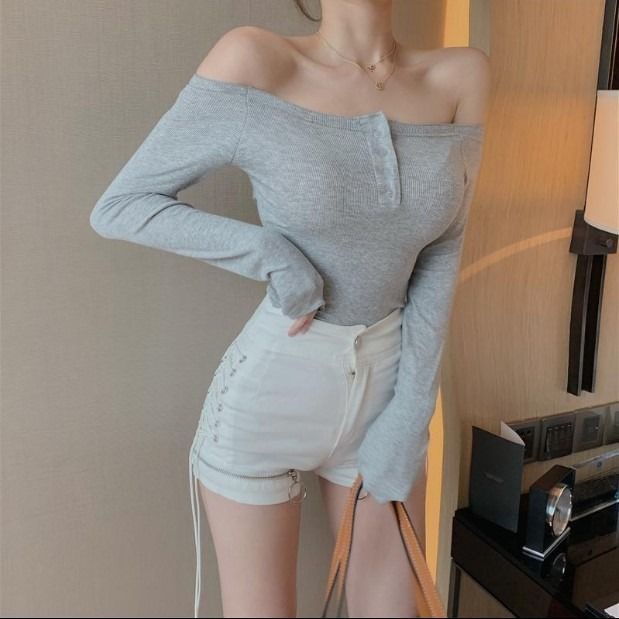 Áo Thun Tay Dài Hở Vai Dáng Ngắn Phong Cách Thời Trang Xuân Thu Mới