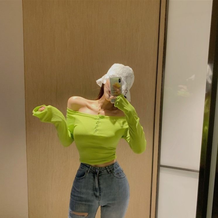 Áo Thun Tay Dài Hở Vai Dáng Ngắn Phong Cách Thời Trang Xuân Thu Mới