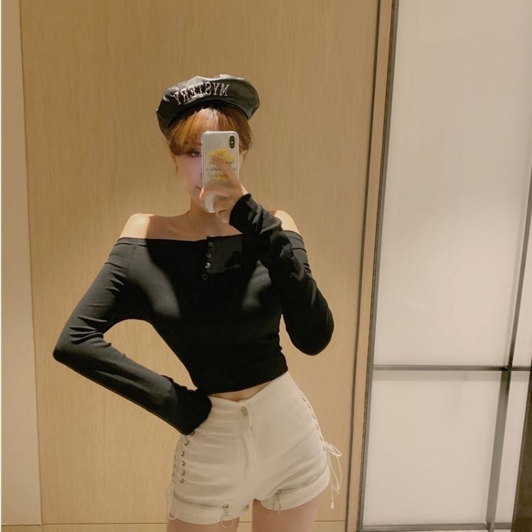 Áo Thun Tay Dài Hở Vai Dáng Ngắn Phong Cách Thời Trang Xuân Thu Mới